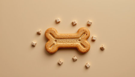 A delightful bone-shaped biscuit sits center stage, complemented by small cubes, creating a charming tableau that invites pet lovers to treat their furry friends.の素材