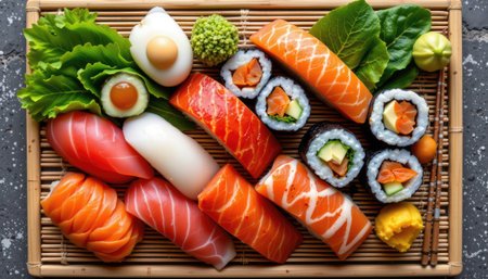 An enticing sushi platter featuring various sushi rolls and fresh fish, perfectly arranged on a bamboo mat. This vibrant display highlights traditional Japanese cuisine and fresh ingredients.の素材