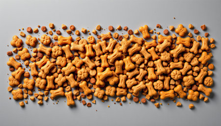 A vibrant array of crunchy dog treats in various playful shapes, including bones and flowers, set against a smooth gray background, perfect for pet-related marketing.の素材