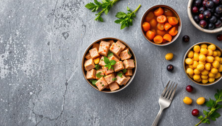 A visually appealing arrangement of gourmet food featuring a bowl of colorful cubes, assorted fruits, and fresh greens, perfect for healthy meals.の素材