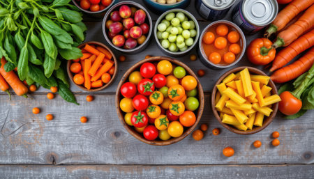 A stunning display of fresh vegetables and fruits arranged artfully on a wooden table surface, highlighting the vibrant colors and healthy ingredients ideal for cooking vibrant meals.の素材