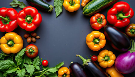 A stunning display of assorted fresh vegetables arranged in a circular pattern against a dark background, perfect for culinary and health-themed projects.の素材
