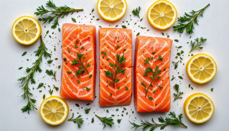This image features fresh salmon fillets arranged beautifully with lemon slices and green herbs, ideal for culinary presentations and healthy recipes.の素材