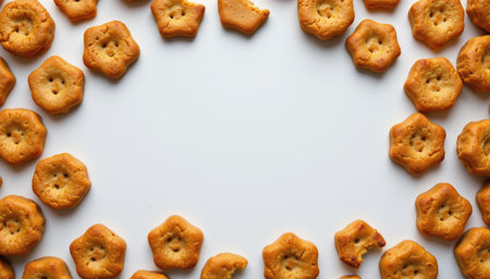 A circle of crispy, golden crackers arranged elegantly on a white background, perfect for showcasing snacks or appetizers in food photography.の素材