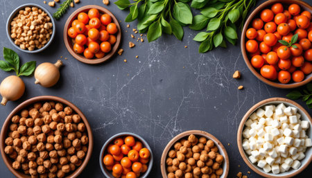 A top view of a collection of fresh ingredients featuring cherry tomatoes, chickpeas, and green leaves arranged on a textured stone background, perfect for culinary inspiration.の素材