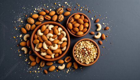 A beautiful arrangement of assorted nuts in wooden bowls on a dark table. The scene includes scattered nuts and seasoning, perfect for healthy snacking.の素材