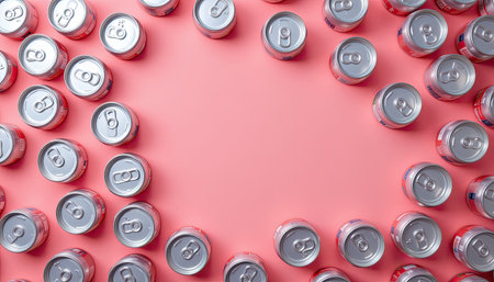 A captivating flat lay image featuring a circular arrangement of aluminum beverage cans on a vibrant pink backdrop, ideal for creativity and marketing projects.の素材