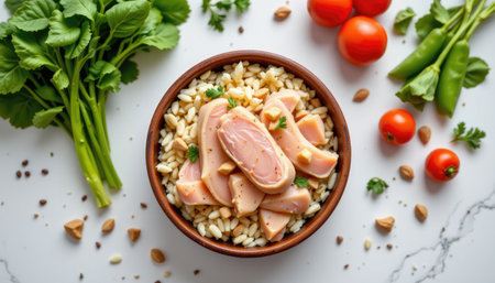 A beautifully presented bowl featuring tender rice topped with chicken slices, fresh greens, and colorful vegetables, perfect for any meal.の素材