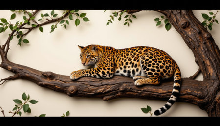 A majestic leopard lounges gracefully on a sturdy branch, surrounded by green leaves, showcasing its beautiful spotted fur and embodying the essence of wildlife.の素材