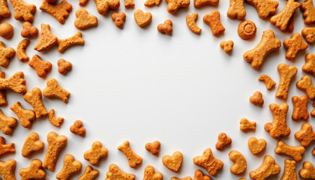 A vibrant arrangement of assorted dog treats in various playful shapes, including bones and hearts, creating a cheerful backdrop for pet-related content.の素材
