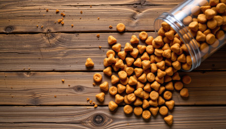 A glass jar tipped over on a rustic wooden table, unleashing a cascade of round, brown snack pieces that appear delicious and crunchy.の素材