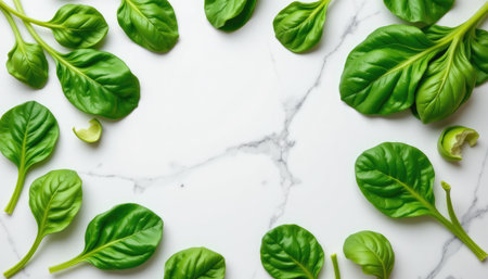 A collection of fresh green spinach leaves elegantly arranged on a smooth marble surface, perfect for showcasing nutritious ingredients or culinary creativity.の素材