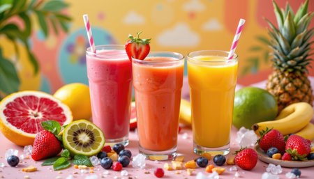 Delight in a colorful arrangement of refreshing fruit smoothies, each bursting with flavor and wellness, perfect for healthy lifestyle promotions or summer events.の素材