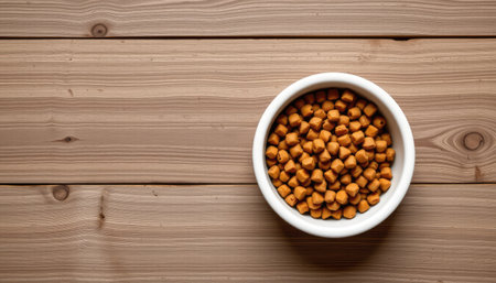 This image showcases a white bowl filled with kibble on a light brown wooden table, highlighting the texture and simplicity of pet feeding essentials.の素材