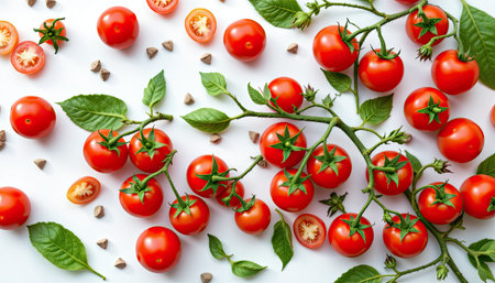 A vibrant arrangement of fresh red tomatoes with green leaves and slices against a white background, perfect for culinary and nutritional themes.の素材
