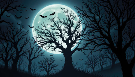 A haunting night scene features a full moon casting eerie light over barren trees silhouetted against a dark sky filled with flying bats, perfect for Halloween.の素材