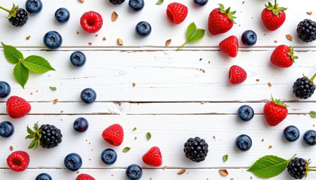 An inviting arrangement of fresh berries including raspberries, blueberries, and blackberries on a rustic wooden background, highlighting vibrant colors and wholesome appeal. Perfect for food bloggers or health enthusiasts.の素材