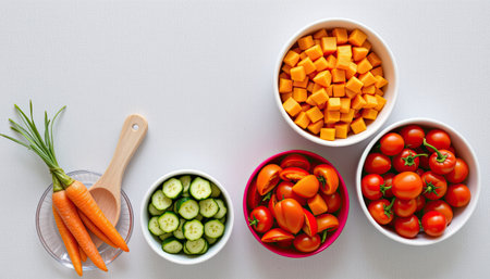 A vibrant collection of fresh vegetables and fruits displayed in bowls, perfect for meal preparation, healthy eating, and culinary inspiration.の素材