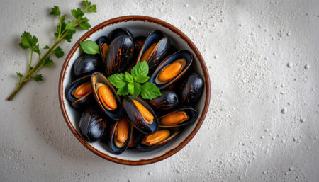 This image showcases a bowl of freshly cooked mussels surrounded by vibrant green herbs, perfect for highlighting seafood dishes in culinary art.の素材