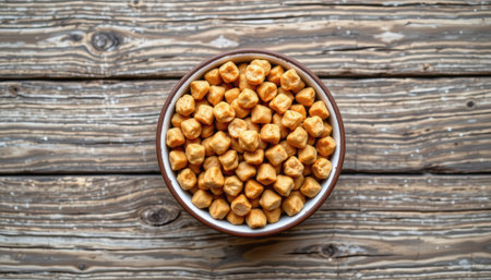 A detailed close-up view of crispy snack bites presented in a brown bowl, set against a rustic wooden table, perfect for snack-time or casual gatherings.の素材
