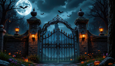 Experience a hauntingly beautiful Halloween night scene featuring a grand castle gate surrounded by bats, lanterns, and glowing pumpkins under a full moon.の素材