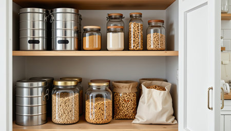 A beautifully organized pantry showcasing glass jars and metal containers filled with dry foods, highlighting a clean and modern kitchen aesthetic ideal for storage.の素材