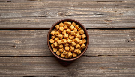 This image showcases a brown bowl filled with crunchy snack bites, perfect for casual gatherings or party snacks, set on a rustic wooden table.の素材