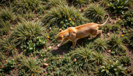 A majestic lion walks gracefully through lush green grass, blending with vibrant plants under sunlight. This captivating scene showcases the beauty of wildlife in its natural habitat.の素材