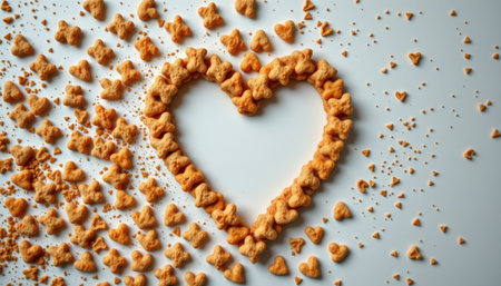 This image features a heart shape meticulously crafted from crunchy snack pieces, arranged playfully on a clean white background, perfect for conveying love and joy.の素材