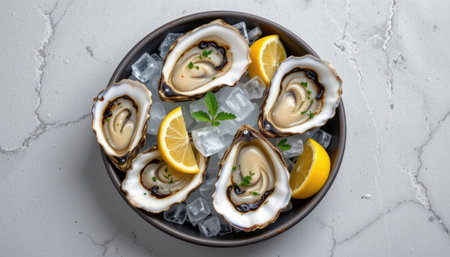 A stunning presentation of fresh oysters served on ice, garnished with lemon wedges and mint leaves. This visually appealing dish is perfect for gourmet dining.の素材
