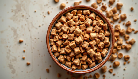 This image showcases a rustic bowl filled with crunchy snack pieces, surrounded by scattered pieces on a light surface. Perfect for healthy eating themes.の素材