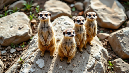 A charming group of meerkats stands upright on rocky terrain, showcasing their playful nature and curiosity in a vibrant outdoor setting.の素材