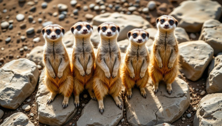 A charming scene featuring five meerkats standing on rocks, showcasing their social behavior and curiosity in a natural sunlight environment.の素材