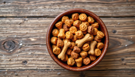A rustic wooden bowl filled with colorful dog treats showcases an assortment of crunchy snacks. Perfect for pet care imagery, emphasizing nutrition and love for dogs.の素材