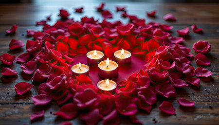A heart-shaped design featuring candles surrounded by vivid rose petals creates a warm and romantic atmosphere, perfect for special occasions and intimate settings.の素材
