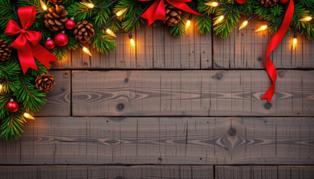 A beautifully arranged festive Christmas decoration featuring lush greenery, pinecones, and red ribbons, set against a rustic wooden background with twinkling lights.の素材