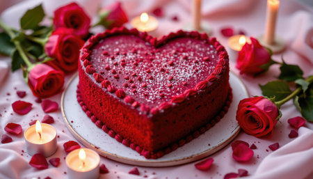A beautifully crafted heart-shaped red velvet cake adorned with fresh roses, glowing candles, and scattered petals, perfect for any romantic occasion.の素材