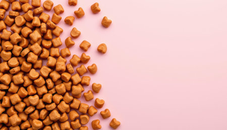A vibrant arrangement of heart-shaped dog treats scattered on a soft pink background, perfect for pet product marketing and animal photography.の素材