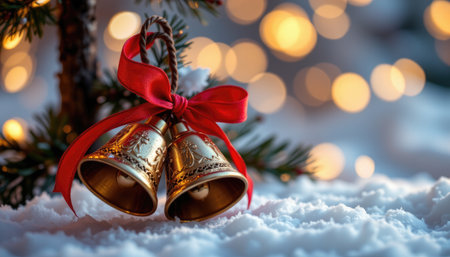 Capture the essence of the holiday season with golden bells adorned with a red ribbon, set against a magical snowy background and twinkling lights.の素材