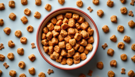 A vibrant bowl filled with crunchy snacks placed on a light blue background, surrounded by numerous tiny treats, inviting indulgence and enjoyment.の素材