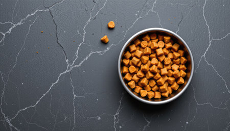 A stylish overhead view of small orange cubes of a delicious snack arranged in a metallic bowl atop a dark, cracked surface, perfect for food marketing.の素材