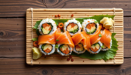 A vibrant sushi presentation features beautifully rolled sushi topped with fresh salmon and assorted vegetables, served on a bamboo platter.の素材