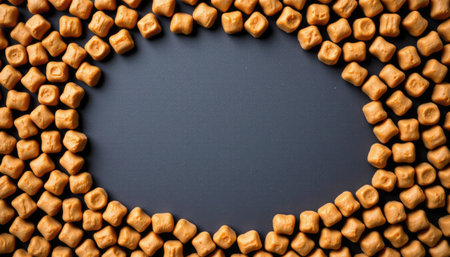 An artistic arrangement of small brown candies on a dark surface, creating an inviting circular pattern with empty center space for customization.の素材