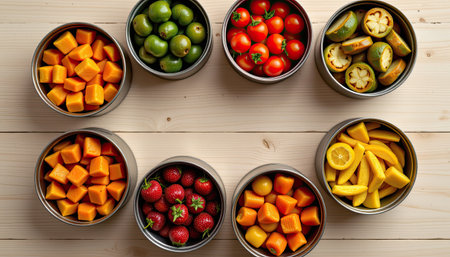 A stunning display of fresh seasonal fruits, including mangos, strawberries, and tomatoes, arranged in metallic bowls on a wooden table, showcasing vibrant colors.の素材