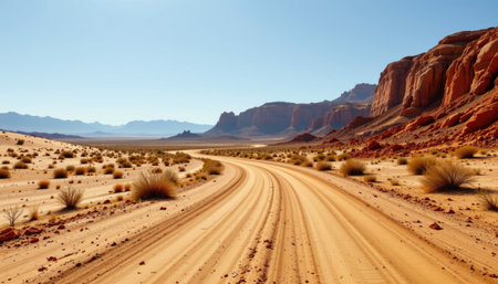 A captivating view of a winding sandy road cutting through stunning red rock formations in an expansive desert landscape under a bright blue sky.の素材
