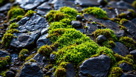 Discover a breathtaking close-up of vibrant green moss thriving on dark stones. This captivating image showcases nature's beauty and diverse textures in a serene outdoor setting.の素材