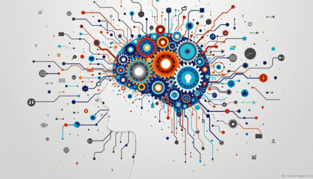 This vibrant illustration features a silhouette of a head filled with gears and circuits, symbolizing creativity and innovative thinking in our digital world.の素材