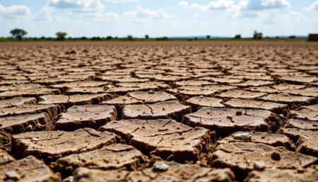 This image captures a dry, cracked earth landscape stretching under a bright blue sky. Patches of green vegetation emerge in the background, highlighting the challenges of drought and the resilience of nature. Ideal for projects focused on climate change, agriculture, and environmental issues.の素材