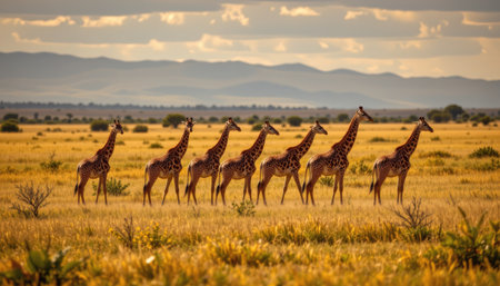 A stunning scene featuring seven giraffes walking gracefully across a golden savanna at sunset. The backdrop showcases majestic mountains and a colorful sky, creating a serene and tranquil atmosphere, perfect for wildlife enthusiasts and nature lovers.の素材