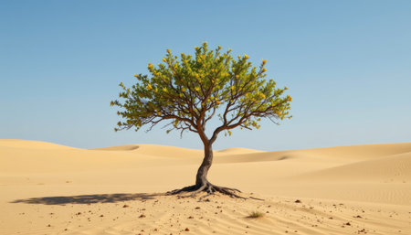 A solitary green tree thrives in the expansive sandy desert, showcasing resilience against the harsh environment under a clear blue sky.の素材